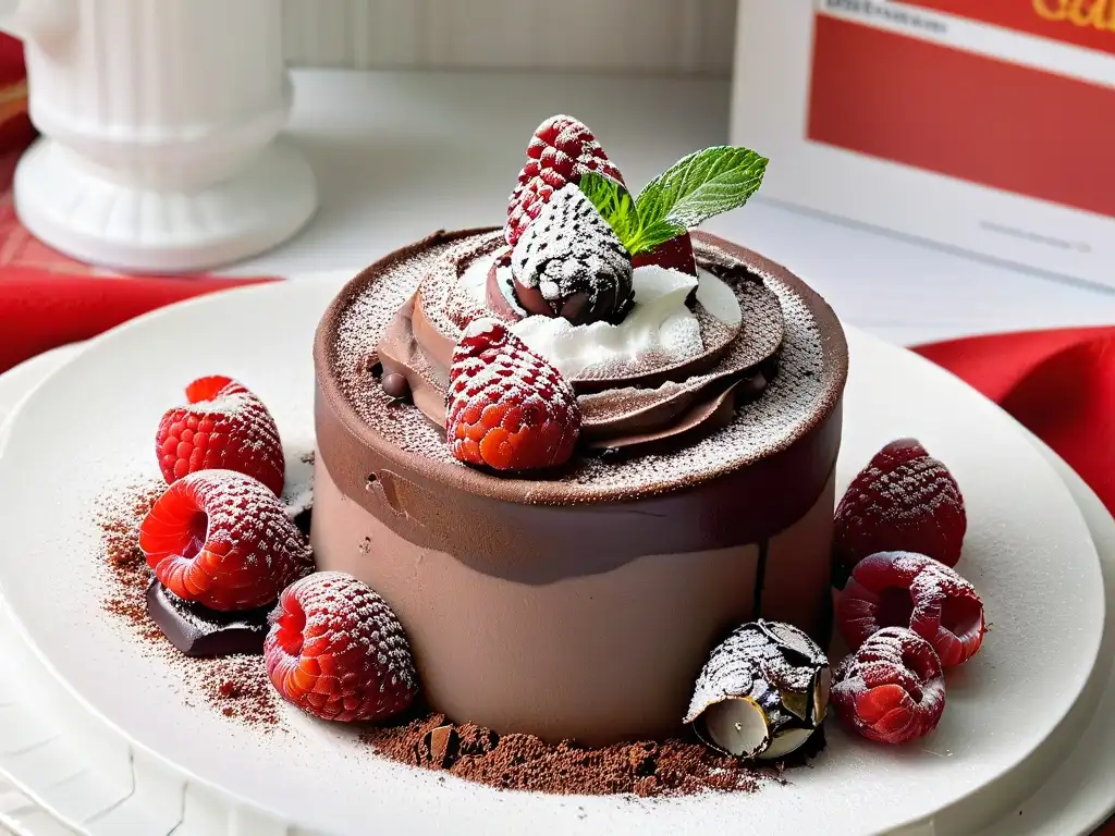 Deliciosa mousse de chocolate sin azúcar con frambuesas y hojas de menta en copa de postre transparente