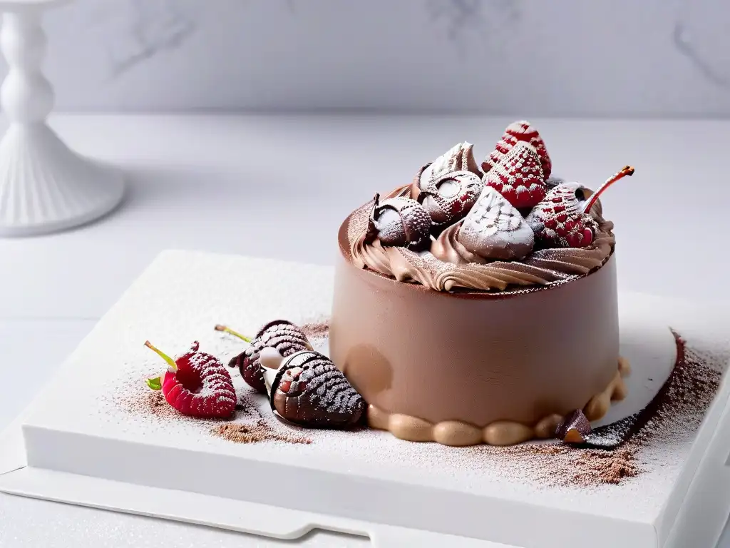 Deliciosa mousse de chocolate baja en grasa con frambuesas frescas, presentada en copa de postre sobre encimera de mármol blanco en cocina moderna