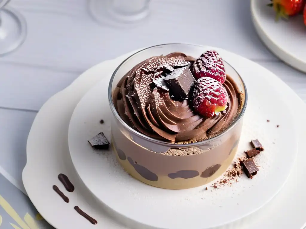 Deliciosa mousse de chocolate baja en grasas en copa, con frambuesa y cacao