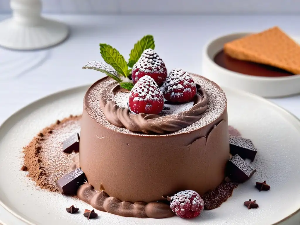 Deliciosa mousse de chocolate baja en sodio con frambuesas y menta en un elegante plato blanco