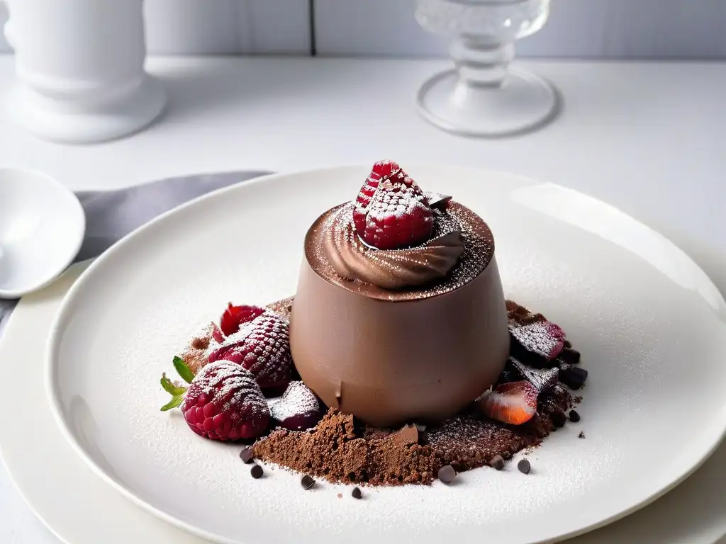 Deliciosa mousse de chocolate bajo en grasas con frambuesa, presentada elegantemente en copa de postre