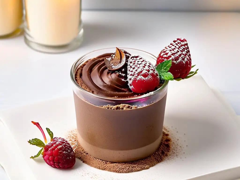 Deliciosa mousse de chocolate en copa, adornada con frambuesa fresca