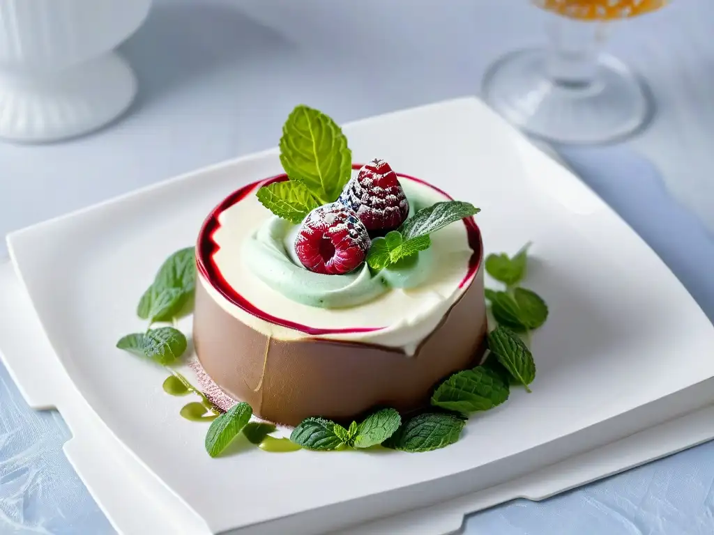 Deliciosa mousse de chocolate con coulis de frambuesa y hojas de menta, en plato blanco