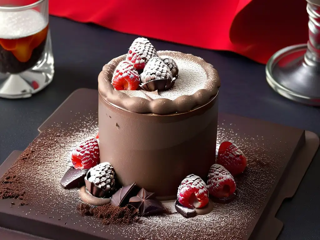 Deliciosa mousse de chocolate con frambuesas y azúcar en copa moderna