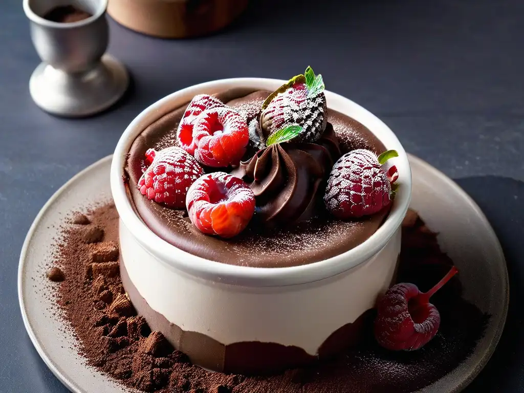 Deliciosa mousse de chocolate con frambuesas frescas y cacao, ideal en Recetas de postres para diabéticos