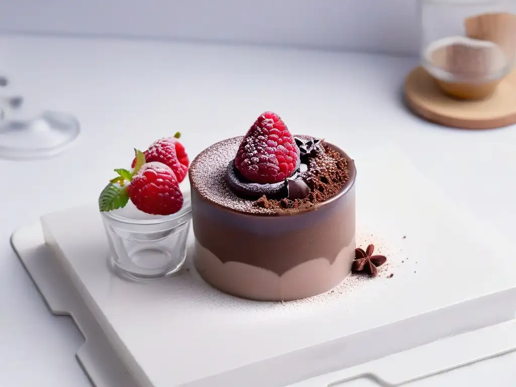 Deliciosa mousse de chocolate francés en copa moderna con decoración elegante