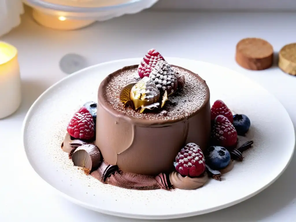 Deliciosa mousse de chocolate con hojuelas de oro, frambuesas y cacao en plato blanco