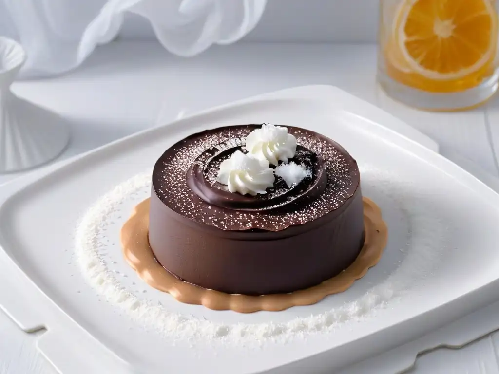 Deliciosa mousse de chocolate negro con sal marina en un elegante plato blanco