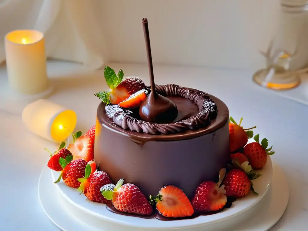 Deliciosa fondue de chocolate perfecta con fresas frescas en mesa de mármol iluminada por luz de velas