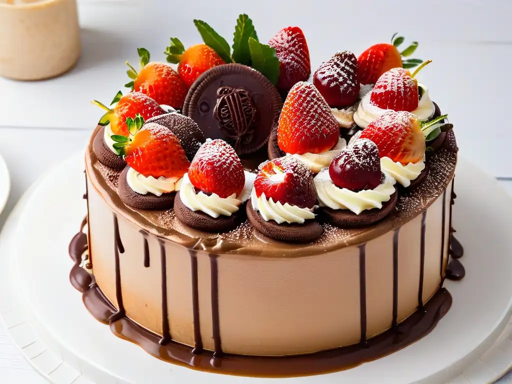 Deliciosa chocotorta argentina con dulce de leche, fresas y cacao en plato blanco moderno