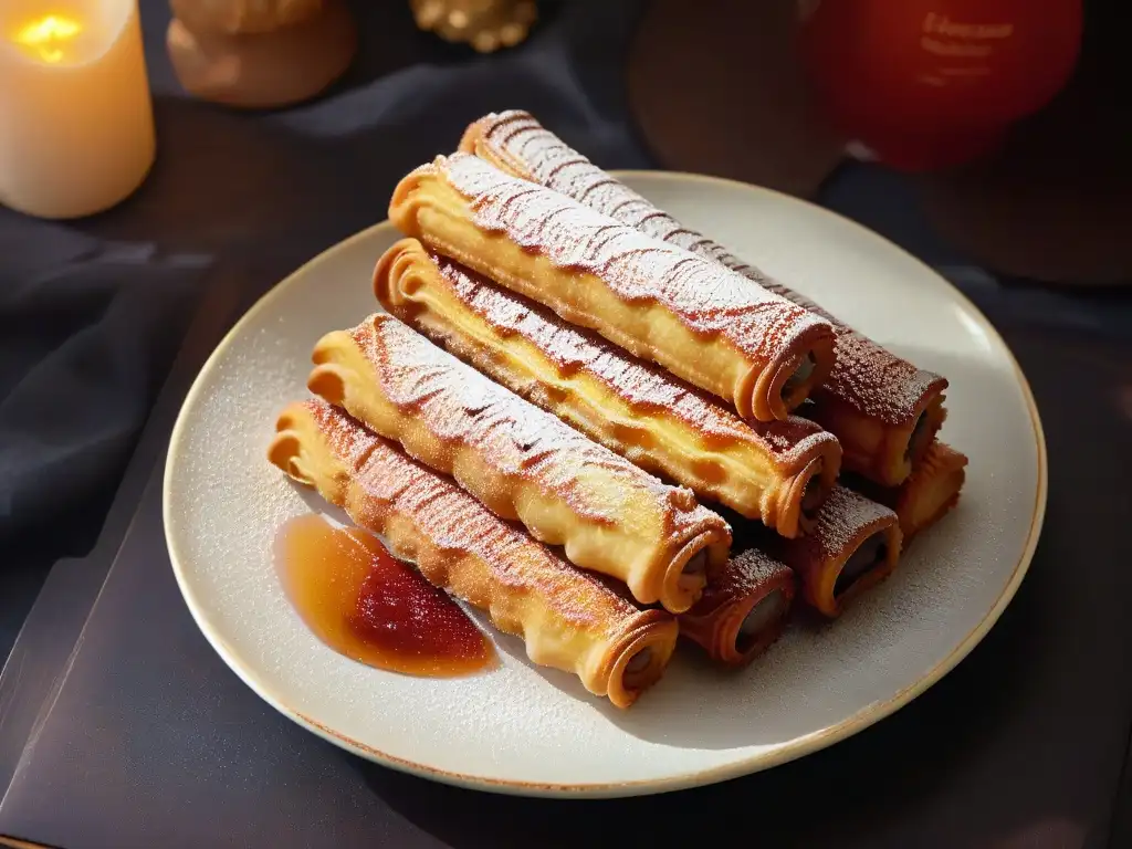 Deliciosa churro español con canela y azúcar, en plato de porcelana sobre fondo oscuro