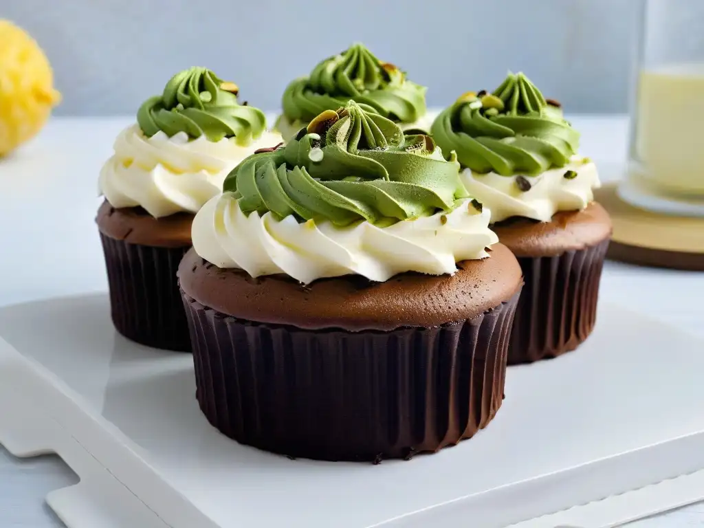 Deliciosa cobertura de ganache vegano sobre cupcake de vainilla, decorado con pistachos triturados