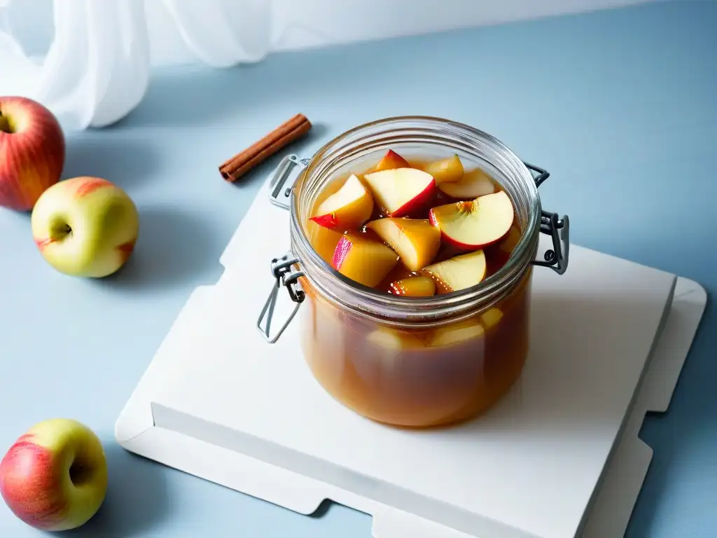 Deliciosa compota de manzana sin azúcar en frasco de vidrio, resaltando su textura y colores vibrantes