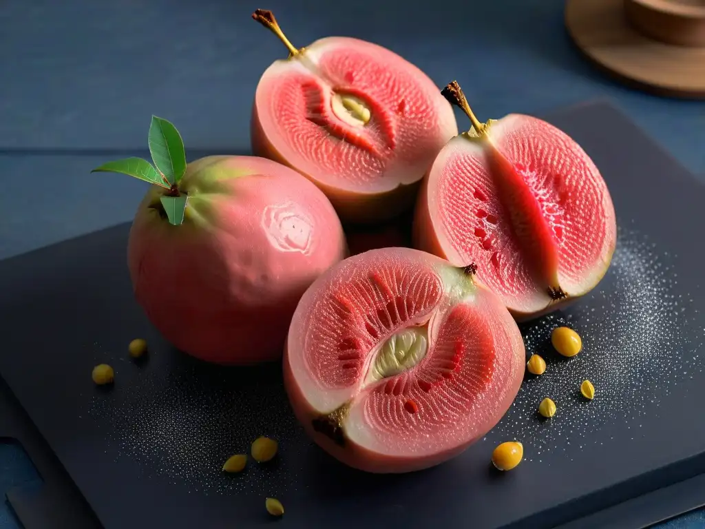 Deliciosa guayaba exótica recién cortada, con semillas brillantes y pulpa rosada