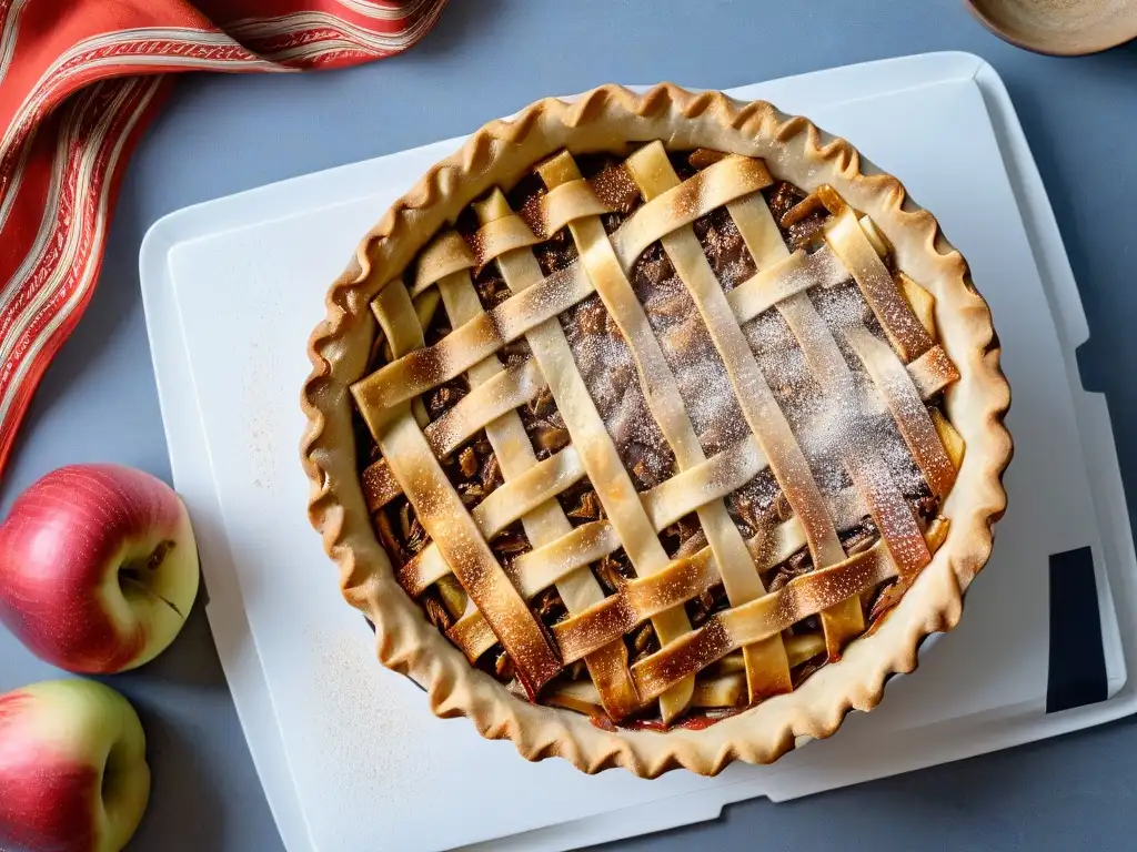 Deliciosa corteza dorada entrelazada sobre un pastel de manzana recién horneado, con un toque moderno y canela espolvoreada