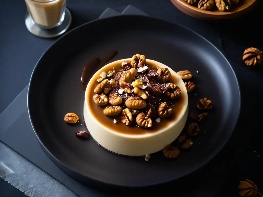 Deliciosa panna cotta de café con nueces caramelizadas en plato negro elegante