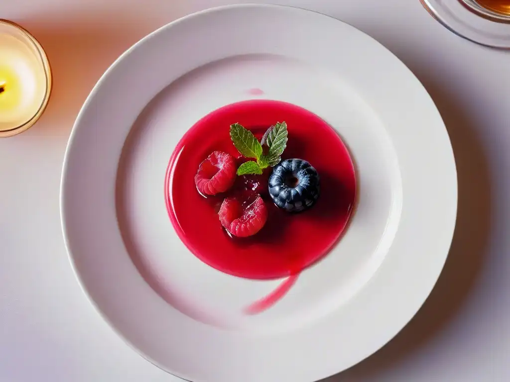 Deliciosa Panna Cotta con coulis de frambuesa en plato blanco, resaltando su textura cremosa