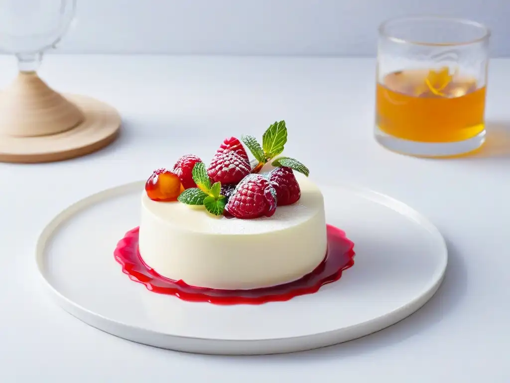 Deliciosa Panna Cotta con coulis de frambuesa y menta fresca en un elegante plato blanco