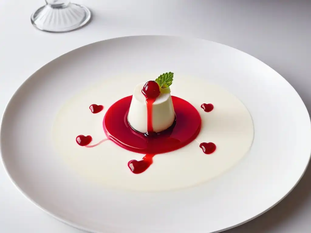 Deliciosa panna cotta con coulis de frambuesa brillante, textura suave gracias al uso de hidrocoloides para texturas repostería