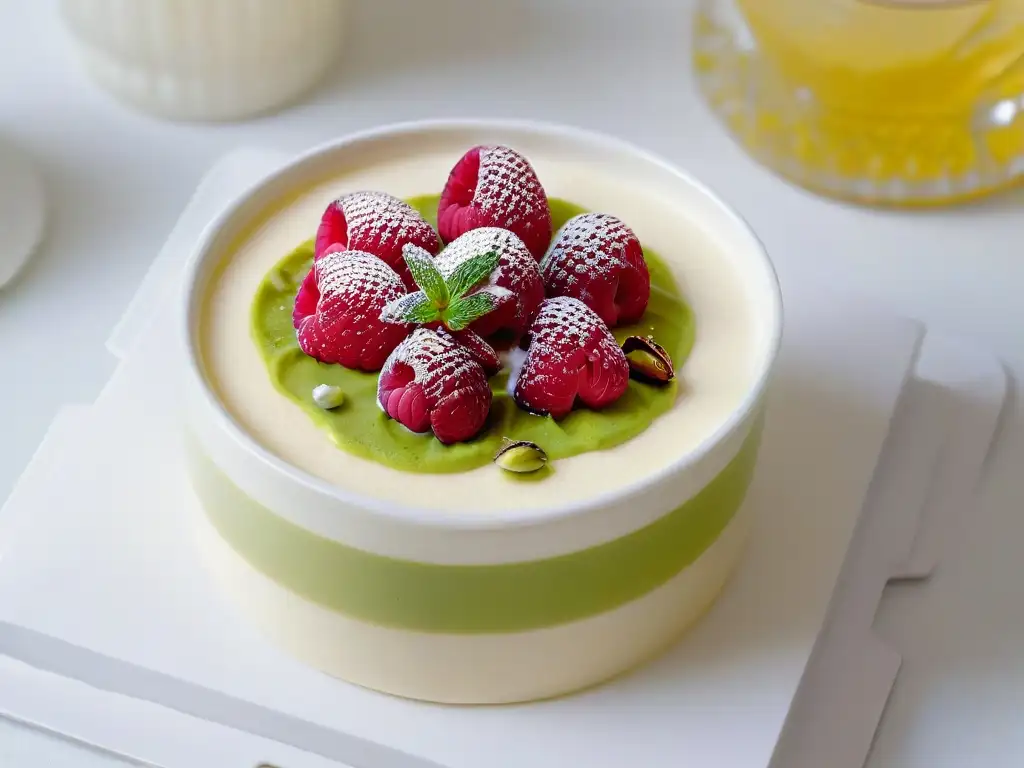 Deliciosa Panna Cotta Fit con coulis de frambuesa, pistachos y menta en vaso moderno