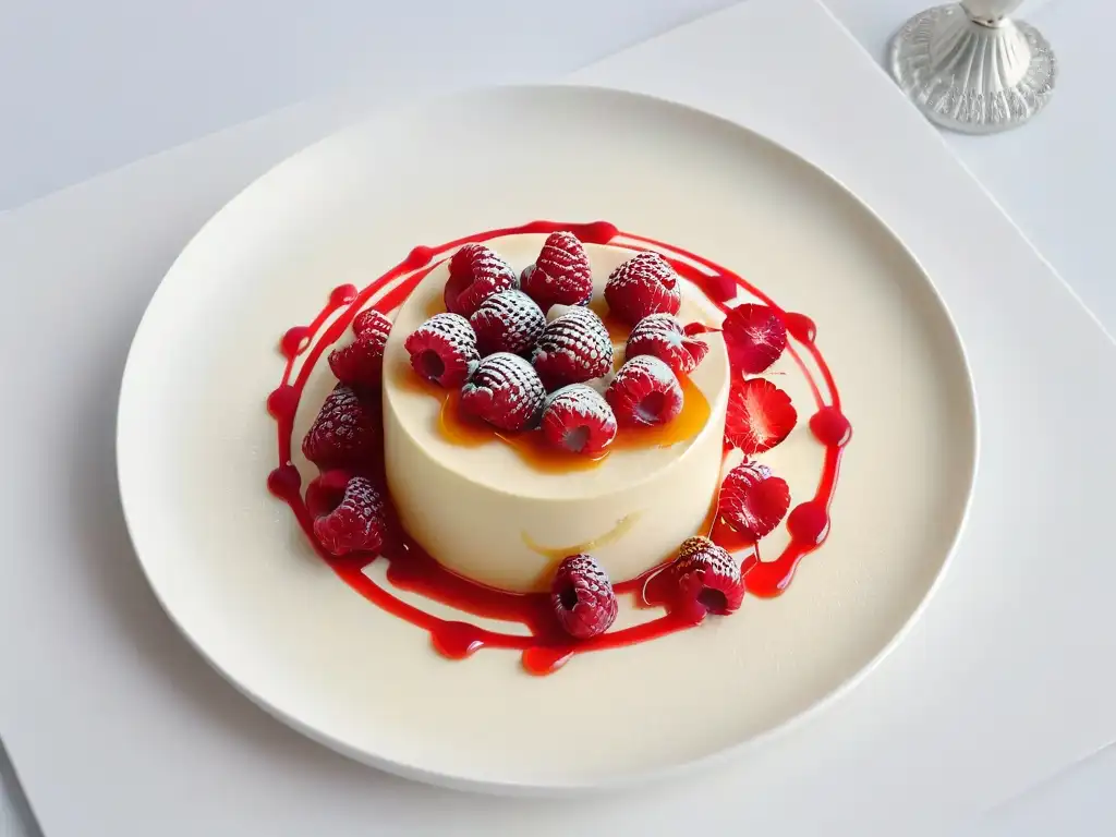 Deliciosa Panna Cotta Fit receta saludable con frambuesas y miel, en un elegante plato moderno