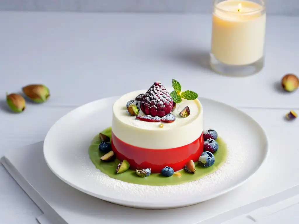 Deliciosa Panna Cotta Fit receta saludable con coulis de frutos rojos y pistachos triturados en vaso moderno