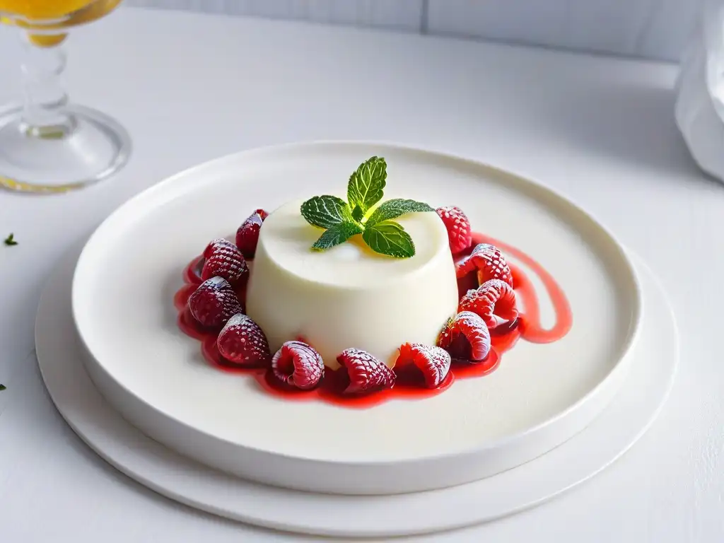 Deliciosa panna cotta con agar agar de frambuesa, presentada con elegancia y frescura en un plato blanco