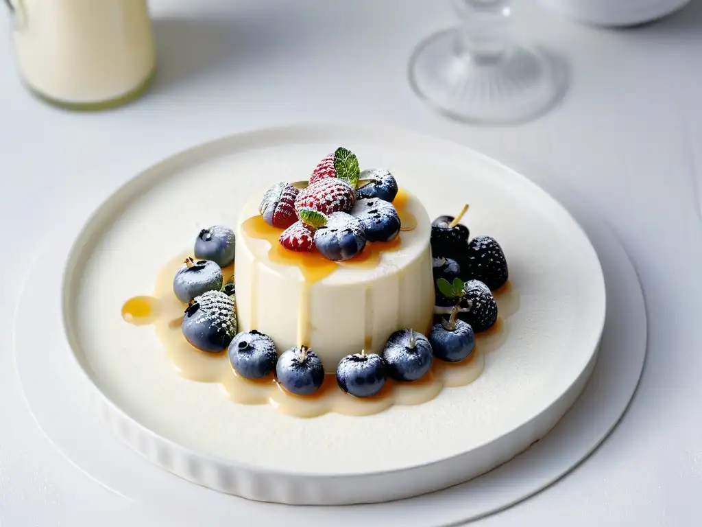 Deliciosa panna cotta de kéfir con frutos rojos, miel y menta en plato blanco