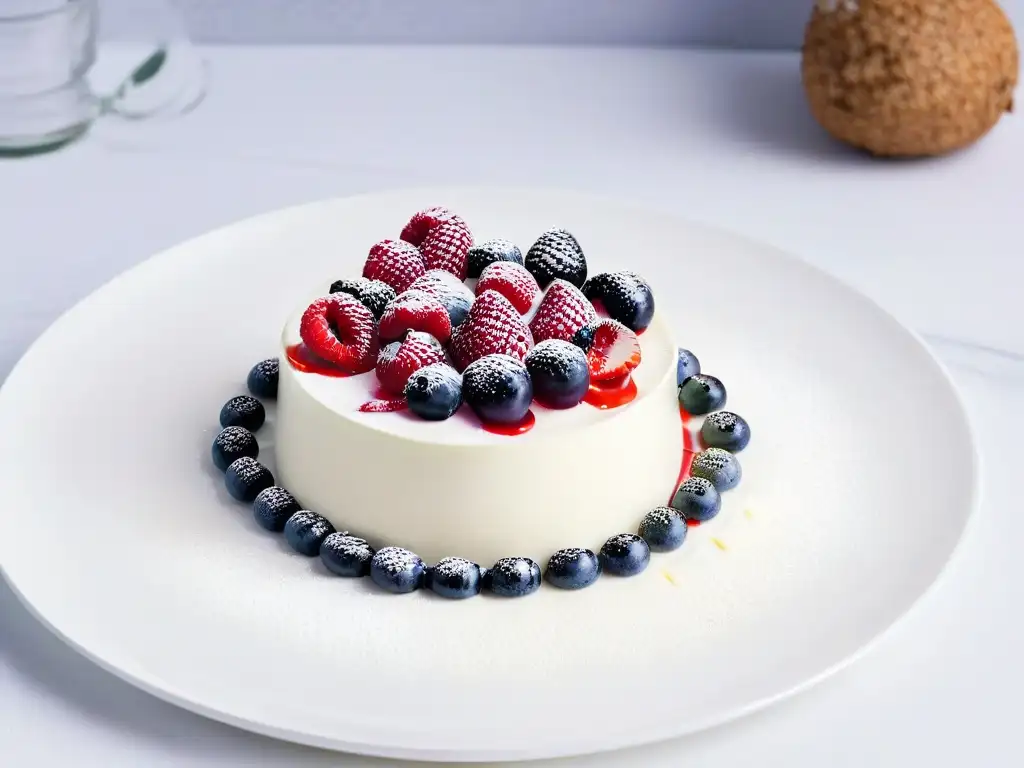 Panna cotta vegana con bayas: detalle ultra-cremoso Deliciosa panna cotta sin lácteos con bayas en plato blanco mate
