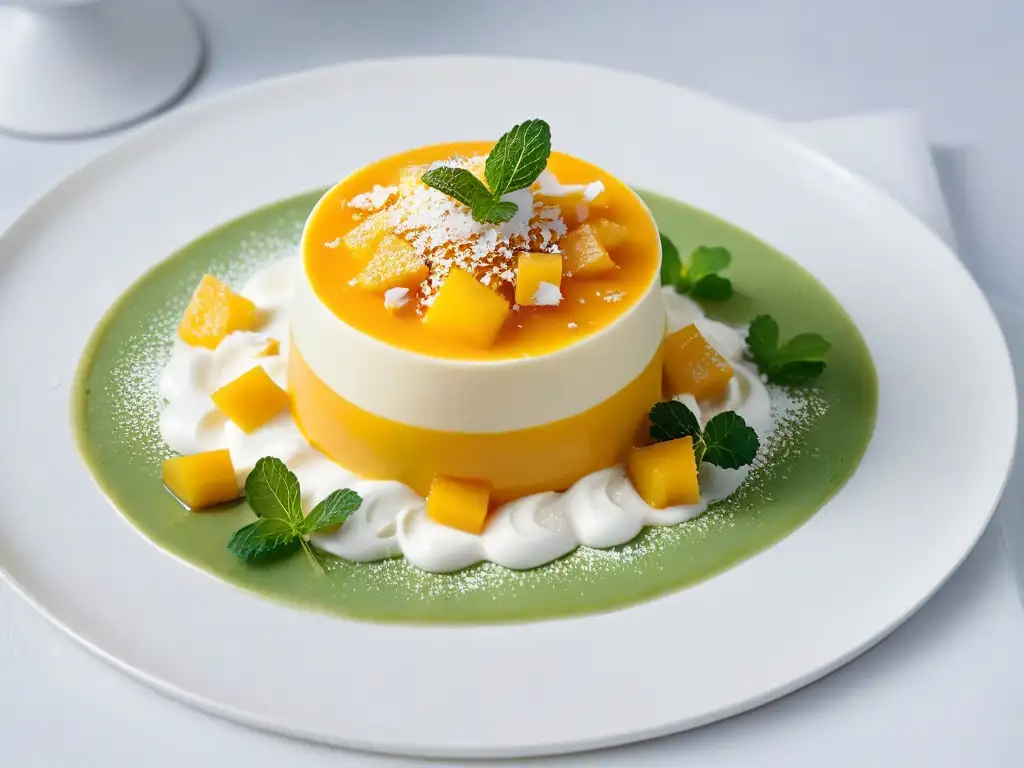 Deliciosa Panna Cotta de Mango y Coco en capas, adornada con menta y coco tostado