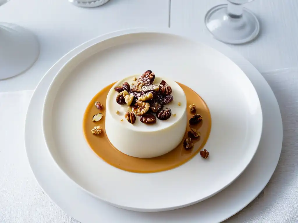 Deliciosa panna cotta de café y nueces en plato blanco, una combinación sofisticada y tentadora