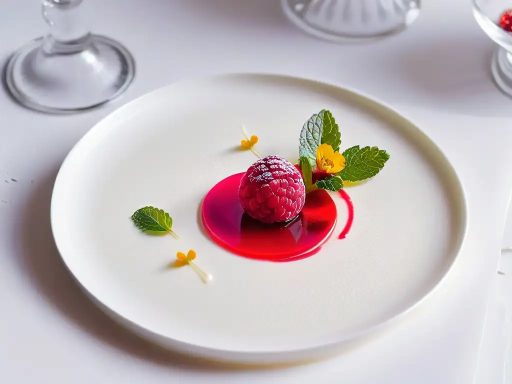 Deliciosa panna cotta presentada con elegancia en plato blanco, decorada con coulis de frambuesa, hojas de menta y flores comestibles