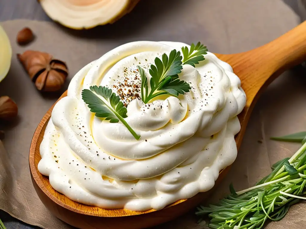 Sour cream vegana: textura cremosa y lujosa en cuchara de madera Deliciosa crema agria vegana en cuchara de madera, adornada con cebollino fresco y pimienta