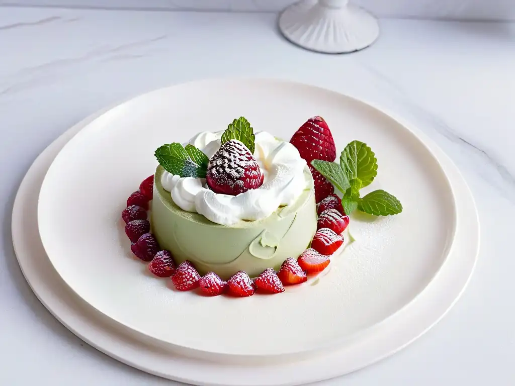 Deliciosa mousse con crema batida, frambuesa y menta en plato blanco sobre mármol