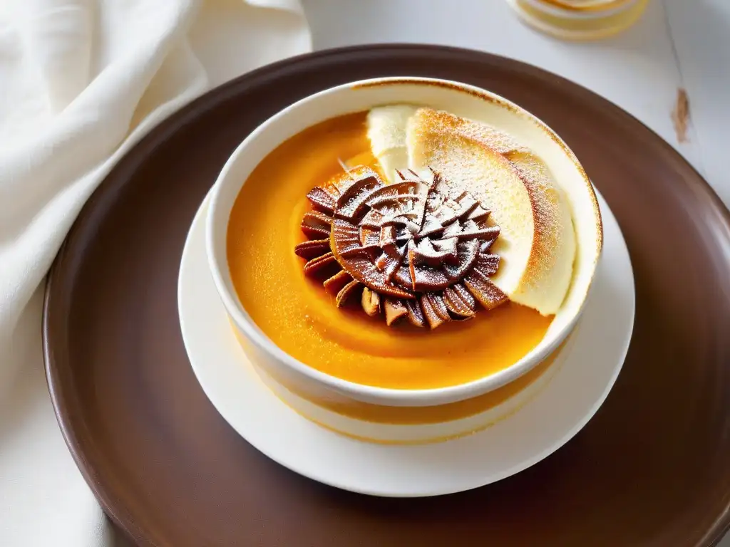 Deliciosa crema catalana de calabaza en un bol blanco Deliciosa crema catalana de calabaza con caramelo y canela en un elegante bol blanco