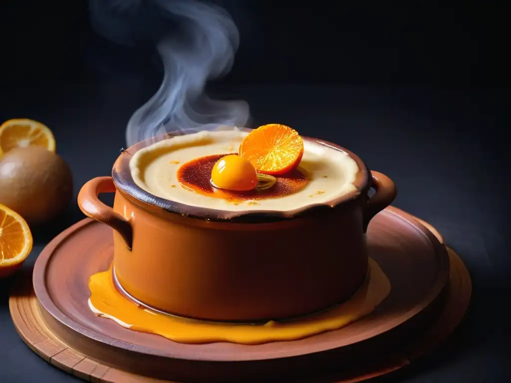 Deliciosa Crema Catalana caramelizada en olla de barro, con ralladura de naranja, sobre fondo oscuro