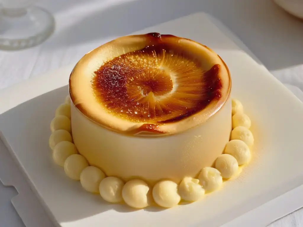 Deliciosa crema catalana con caramelo dorado brillante y suave custard de vainilla, en contraste perfecto