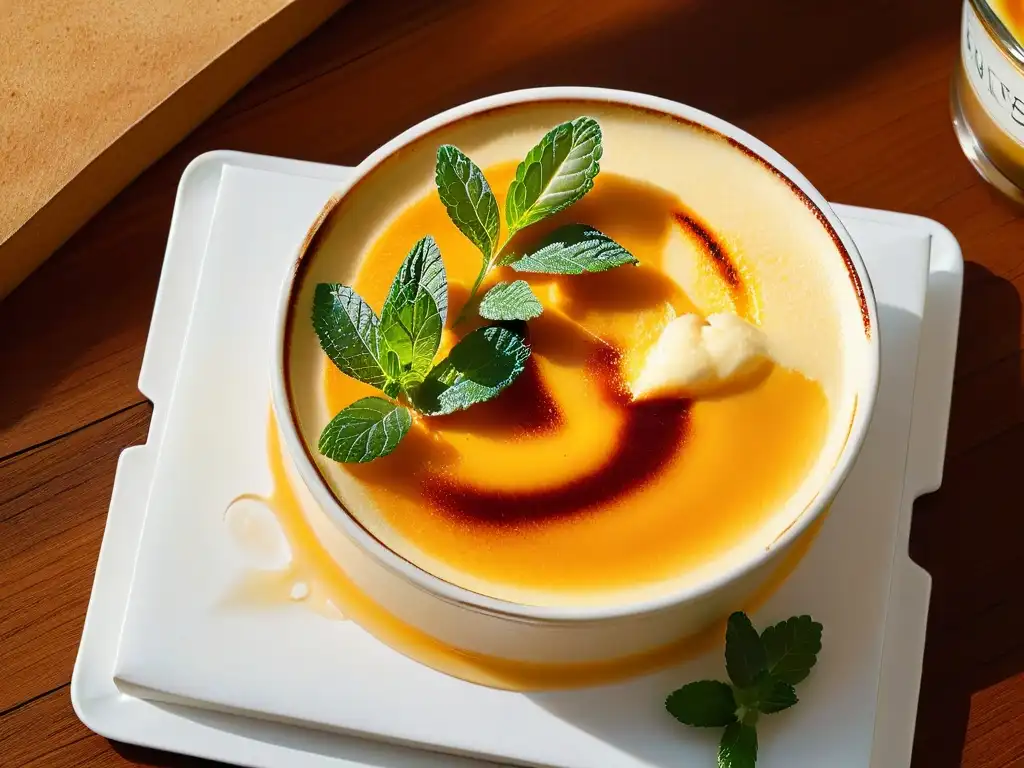 Una deliciosa Crema Catalana con caramelo dorado y menta fresca