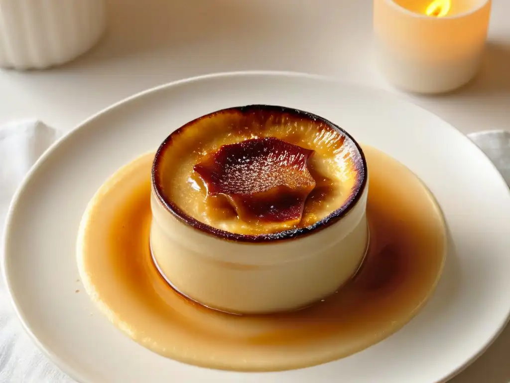 Deliciosa crème brûlée con beneficios eritritol sobre azúcar en un elegante plato blanco sobre mesa rústica