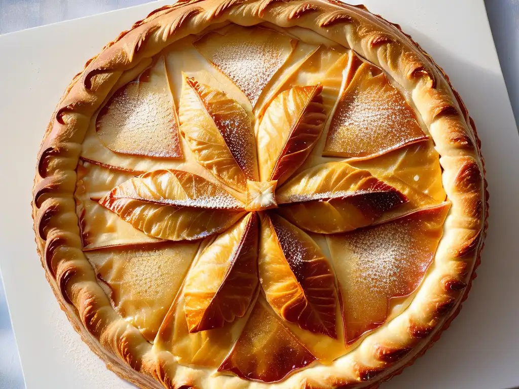 Deliciosa Galette des Rois casera con detalles dorados, relleno de crema de almendra y azúcar glaseada