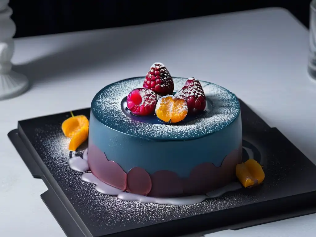 Deliciosa innovación en diseño de postres minimalistas 2023: esfera de gel transparente con swirl de frutas coloridas en elegante presentación