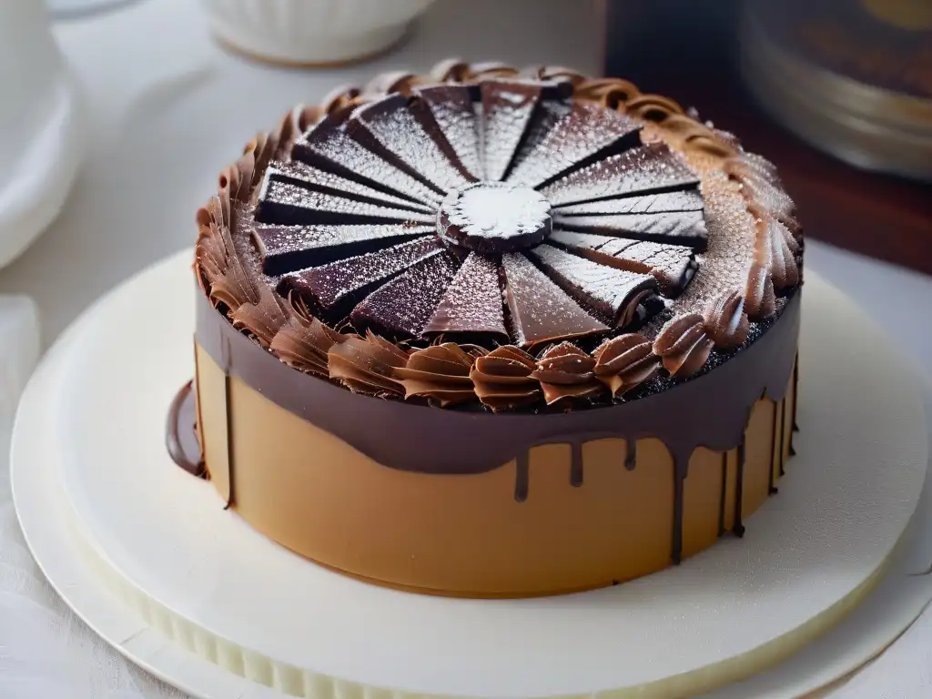 Dobos Torte: Delicada obra de arte en chocolate Deliciosa Dobos Torte con decoraciones de chocolate, reflejada en un plato moderno
