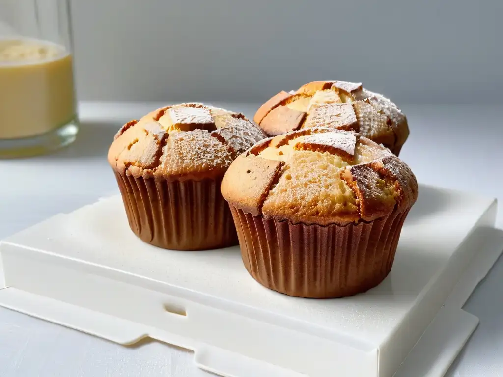 Deliciosa magdalena sin gluten dorada con azúcar glaseado, en fondo blanco