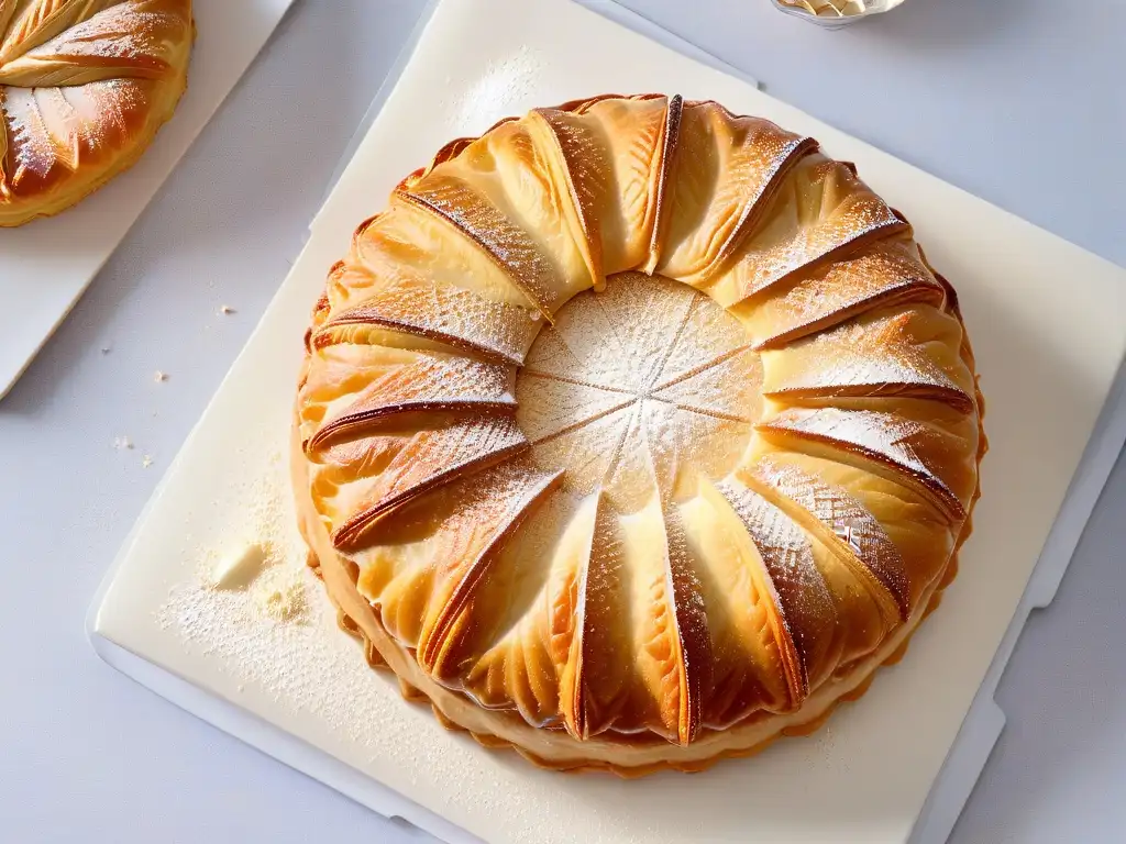 Deliciosa Galette des Rois casera, dorada y espolvoreada, con crema de almendra y masa hojaldrada