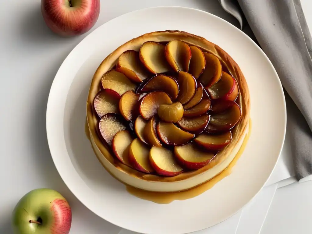 Deliciosa Tarta Tatin dorada con manzanas caramelizadas, en un plato blanco moderno