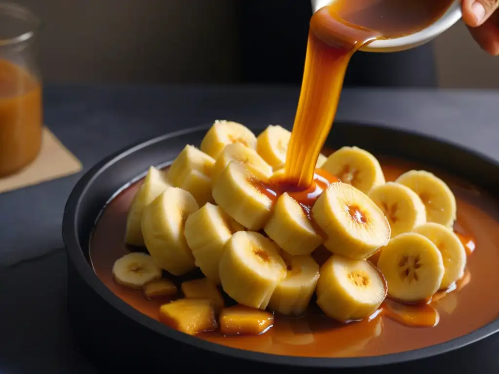 Deliciosa transformación: rebanada dorada de plátano en caramelo burbujeante