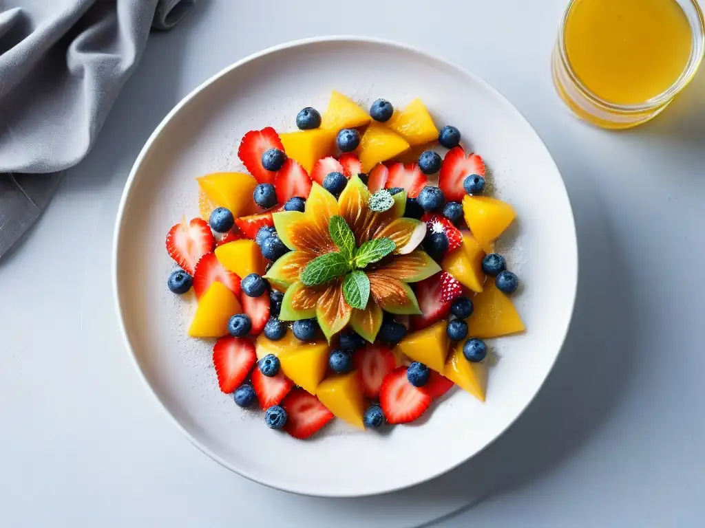 Deliciosa ensalada de frutas con aceite de girasol, chía y menta, resaltando frescura y beneficios del aceite de girasol