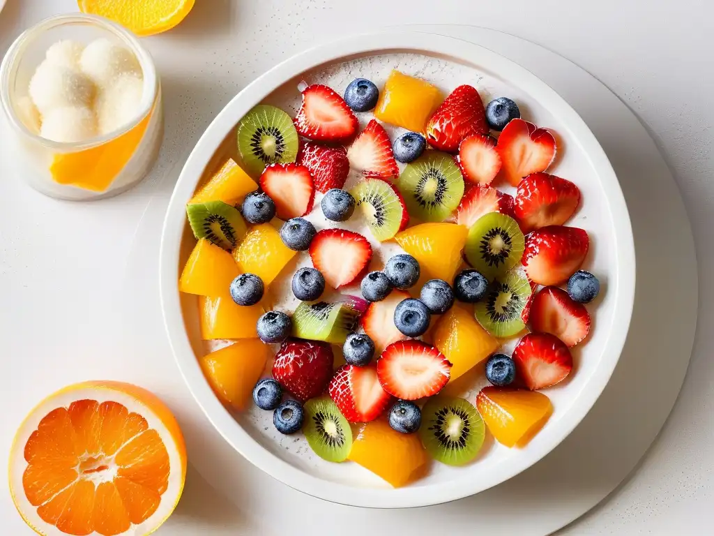 Deliciosa ensalada de frutas colorida en un bol blanco: fresas, kiwi, naranjas y arándanos con coco, semillas de chía y miel
