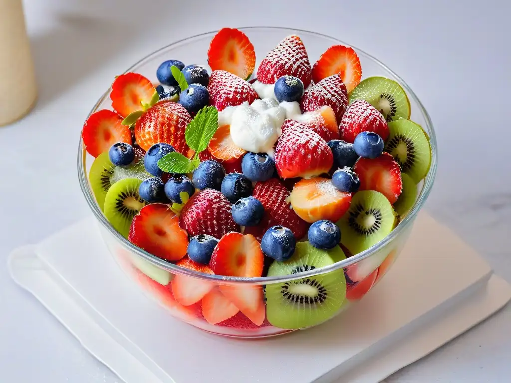 Ensalada de frutas frescas: delicia colorida y saludable Deliciosa ensalada de frutas con fresas, arándanos, kiwi y menta en un bol de cristal, sobre mármol blanco