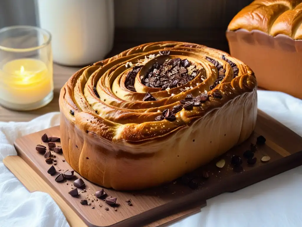 Babka de chocolate recién horneada en mesa rústica Deliciosa babka casera Europea del Este, recién horneada, con chocolate, semillas de amapola y almendras tostadas